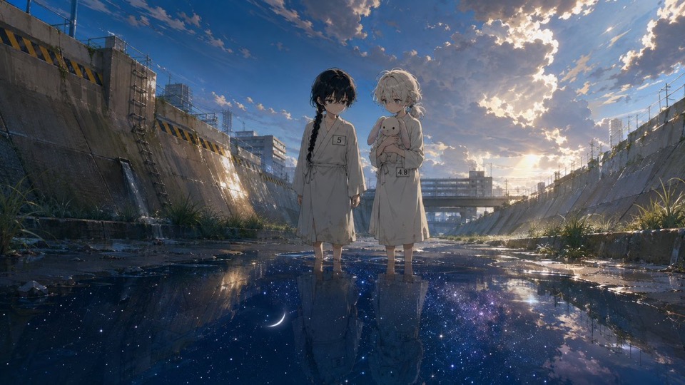 Anime Girls in Starry Flooded Canal